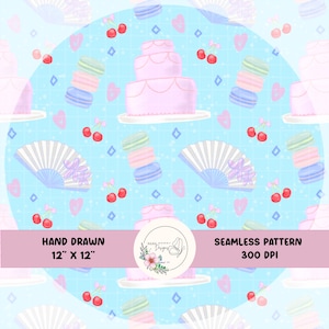 May include: A seamless pattern featuring a light blue background with repeating illustrations of pink cakes, macarons, cherries, and fans. The text "HAND DRAWN 12" X 12"" and "SEAMLESS PATTERN 300 DPI" is displayed on a pink banner.