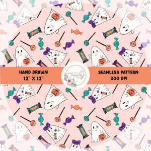Pink Ghost Trick or Treat Halloween Seamless Pattern Hand Drawn PNG Download Digital Paper Sublimation Fabric Surface Candy Design