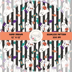 Trick or Treat Ghost Halloween Striped Seamless Pattern Hand Drawn PNG Download Digital Paper Sublimation Fabric Surface Candy Design