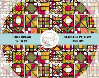Hand-Drawn Seamless Fall Quilt Block Patterns, Unique Sewing Design