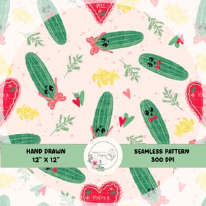 May include: Seamless pattern featuring cartoon pickles with smiling faces, bows, and hearts on a light pink background. The design includes sprigs of dill and yellow flowers. Text on the image reads "HAND DRAWN 12" X 12" SEAMLESS PATTERN 300 DPI".