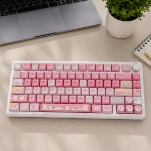 Triple Mode Pink Jelly Keycaps Mechanical Keyboard with RGB Lighting , Cute Cat Ear Keycaps & Knob