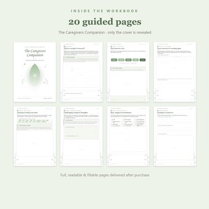 May include: A digital workbook titled The Caregivers Companion featuring 20 guided pages with a light green leaf graphic on the cover. The pages include sections for naming feelings, challenging thoughts, burnout cycles, and setting boundaries.