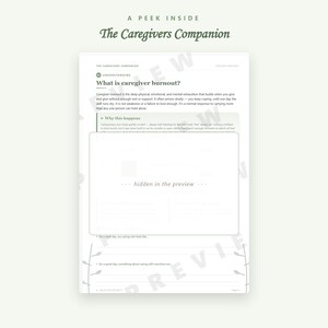 May include: A page from The Caregivers Companion titled What is caregiver burnout? featuring text explaining emotional exhaustion, a section on why this happens, a box labeled hidden in the preview, and lines for writing responses to prompts.
