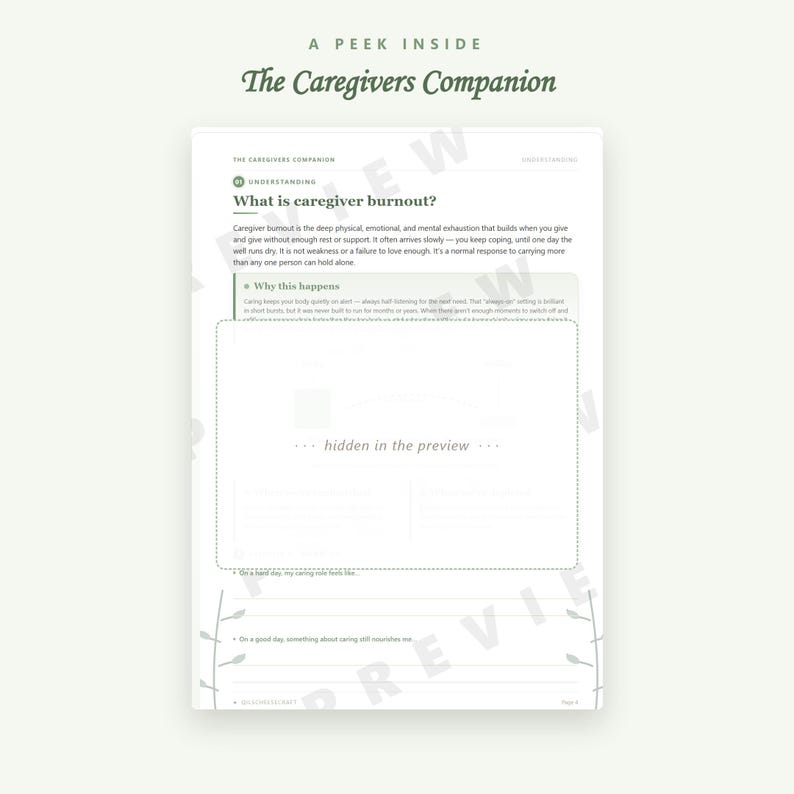 May include: A page from The Caregivers Companion titled What is caregiver burnout? featuring text explaining emotional exhaustion, a section on why this happens, a box labeled hidden in the preview, and lines for writing responses to prompts.