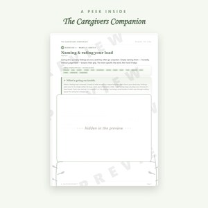 May include: A page from The Caregivers Companion titled Exercise 4 Name It Gently, Naming & rating your load. The text discusses feelings caregivers carry, includes a list of emotion tags, and a section titled What's going on inside.