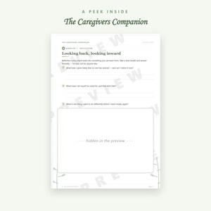 May include: A page from The Caregivers Companion titled Looking back, looking inward. The page features three numbered reflection questions with blank lines for writing and a large rectangular box containing the text hidden in the preview.