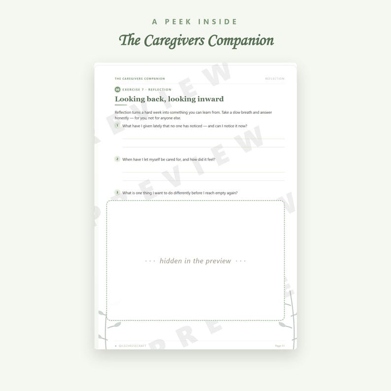 May include: A page from The Caregivers Companion titled Looking back, looking inward. The page features three numbered reflection questions with blank lines for writing and a large rectangular box containing the text hidden in the preview.