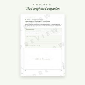 May include: A white page from The Caregivers Companion titled Challenging caregiver thoughts. The text includes an exercise on softening thoughts, a Good to know section, and blank lines for writing the situation and the harsh thought.