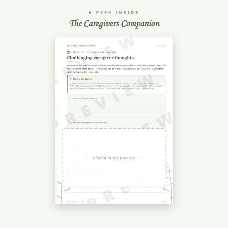 May include: A white page from The Caregivers Companion titled Challenging caregiver thoughts. The text includes an exercise on softening thoughts, a Good to know section, and blank lines for writing the situation and the harsh thought.