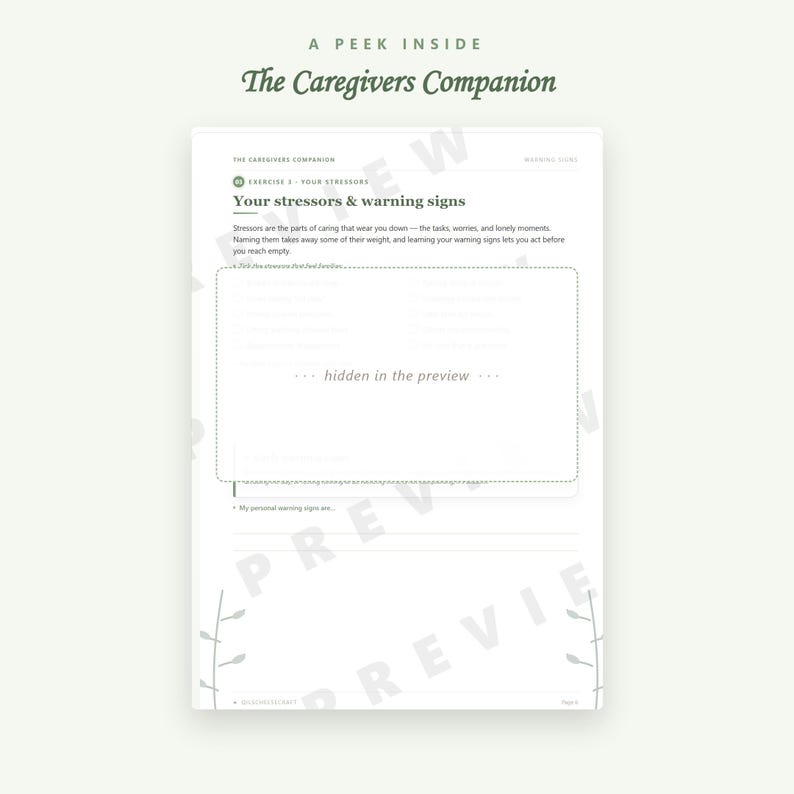 May include: A page from The Caregivers Companion titled Your stressors & warning signs. The document includes text about identifying stressors, a large rectangular box with the text hidden in the preview, and lines for writing personal warning signs.