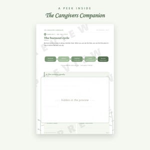 May include: A page from The Caregivers Companion titled The burnout cycle, featuring a green flowchart with stages from Demands to Burnout. The text explains the cycle and includes a section titled The science, gently with a hidden preview box.