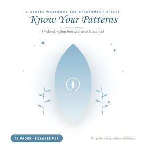 May include: A 20-page fillable PDF workbook titled Know Your Patterns: A Gentle Workbook for Attachment Styles, Understanding how you love & connect. The cover features a light blue almond shape with a central compass icon and small star accents.