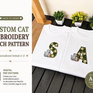Custom Cat Embroidery Patch Pattern | Personalized Initial A-Z PDF | Hand Embroidery Pattern | Made to Order