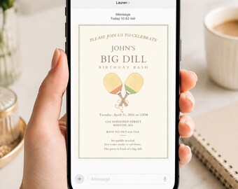 Inbjudningsmall för Pickleball, Big Dill-födelsedagsfestinbjudan, redigerbar på Canva, digital nedladdning 5x7
