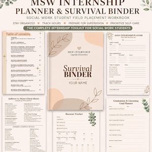 Op de afbeelding: Een digitaal MSW-stageplanner en overlevingsmap-werkboek voor studenten maatschappelijk werk. De set bevat een voorpagina, inhoudsopgave, dagelijkse stageplanner, burn-out tracker en een planner voor afstudeer- en licentiedoelen.