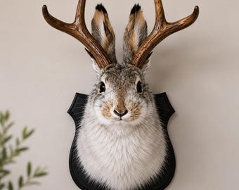 May include: A taxidermy jackalope wall mount featuring a realistic rabbit head with long, upright ears and a coat of grey and white fur. Two large, polished brown deer antlers extend from the top of the head, mounted on a black wooden shield.