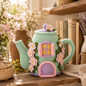 Crochet Teapot Fairy House Pattern, Amigurumi Cottage, Floral Crochet PDF (Instant Download)
