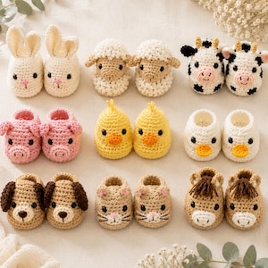May include: A collection of nine pairs of crocheted baby booties shaped like animals, including a rabbit, sheep, cow, pig, chick, duck, dog, cat, and horse. Each pair features distinct colors, textures, and facial details crafted from yarn.