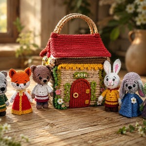 May include: A crochet house with a red roof and handle, surrounded by six small stuffed animal figures including a wolf, fox, bear, rabbit, bunny, and frog, all crafted with detailed yarn textures and colorful clothing in a variety of bright hues.