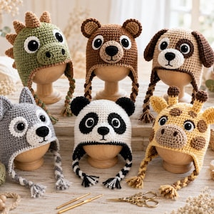 May include: Six handmade crochet animal hats displayed on wooden stands. The collection includes a green dinosaur with spikes, a brown bear, a tan dog, a gray wolf, a black and white panda, and a yellow giraffe with brown spots and small horns.