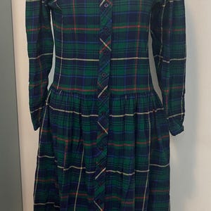 Vintage American Eagle Green Blue Tartan Plaid Drop Waist Dress | 90s Cotton Flannel Prairie Dress Size Medium