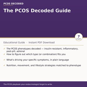 Peut inclure: Un guide éducatif numérique intitulé The PCOS Decoded Guide, avec un en-tête violet et du texte blanc. Il contient sept pages sur les phénotypes du SOPK, l'analyse des symptômes et des stratégies de mode de vie incluant nutrition et mouvement.