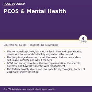 Peut inclure: Un guide éducatif PDF de six pages intitulé PCOS Decoded: PCOS & Mental Health. Le document aborde des sujets tels que les mécanismes hormonaux et psychologiques, l'image corporelle, les troubles alimentaires et l'anxiété liée à la fertilité.