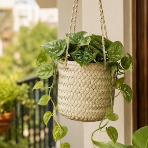 May include: A hanging planter made of light beige woven seagrass with a cylindrical shape and two braided handles. A trailing green plant with heart-shaped leaves and silver-white variegation grows from the basket, with vines cascading down.