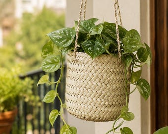 Set of 4 Handwoven Palm Leaf Hanging Planter Basket, Natural Boho Home Decor