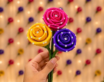 Set of 5 Handmade Palm Leaf Flowers with Rhinestones | Eco-Friendly Keepsake Decor