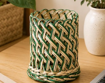 Set of 2 Handwoven Palm Leaf Pen Holders, Eco-Friendly Desk Organizers, Boho Office Decor