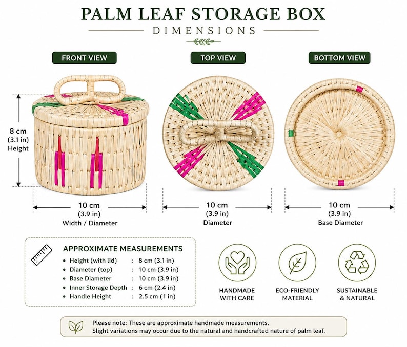 May include: A round palm leaf storage box with a lid and handle, featuring pink and green woven accents. The box measures 3.1 inches in height and 3.9 inches in diameter. The image displays front, top, and bottom views with listed dimensions.