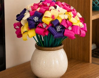 Set of 2 Handmade Palm Leaf Rose Bouquet | Colorful Boho Home Decor Arrangement
