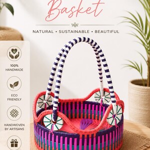 May include: A round handwoven basket made from palmyra palm leaf, featuring a vibrant color palette of pink, purple, and teal. The basket has a tall, striped handle and decorative circular accents. Text on the image reads HANDMADE PALMYRA PALM LEAF Basket.