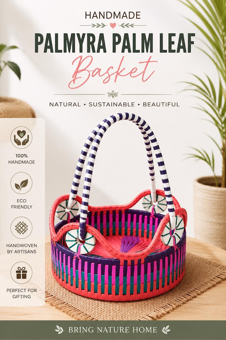 May include: A round handwoven basket made from palmyra palm leaf, featuring a vibrant color palette of pink, purple, and teal. The basket has a tall, striped handle and decorative circular accents. Text on the image reads HANDMADE PALMYRA PALM LEAF Basket.