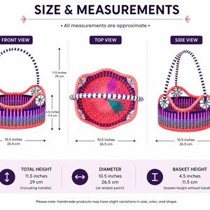 May include: A round, multi-colored woven basket with a striped handle, shown in front, top, and side views. Dimensions are labeled as 11.5 inches total height, 10.5 inches diameter, and 4.5 inches basket height. The basket features pink, purple, and teal.