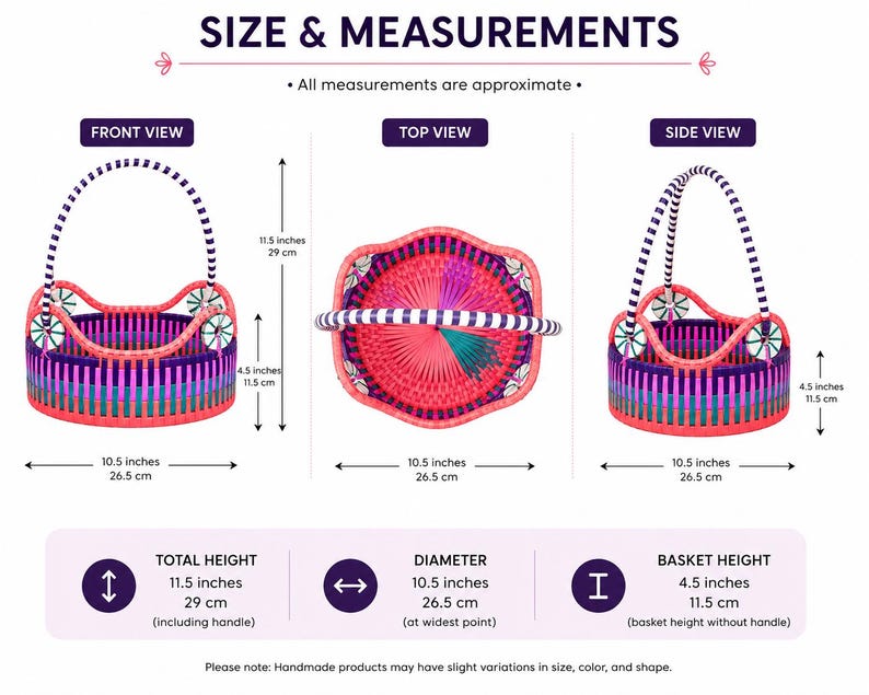 May include: A round, multi-colored woven basket with a striped handle, shown in front, top, and side views. Dimensions are labeled as 11.5 inches total height, 10.5 inches diameter, and 4.5 inches basket height. The basket features pink, purple, and teal.