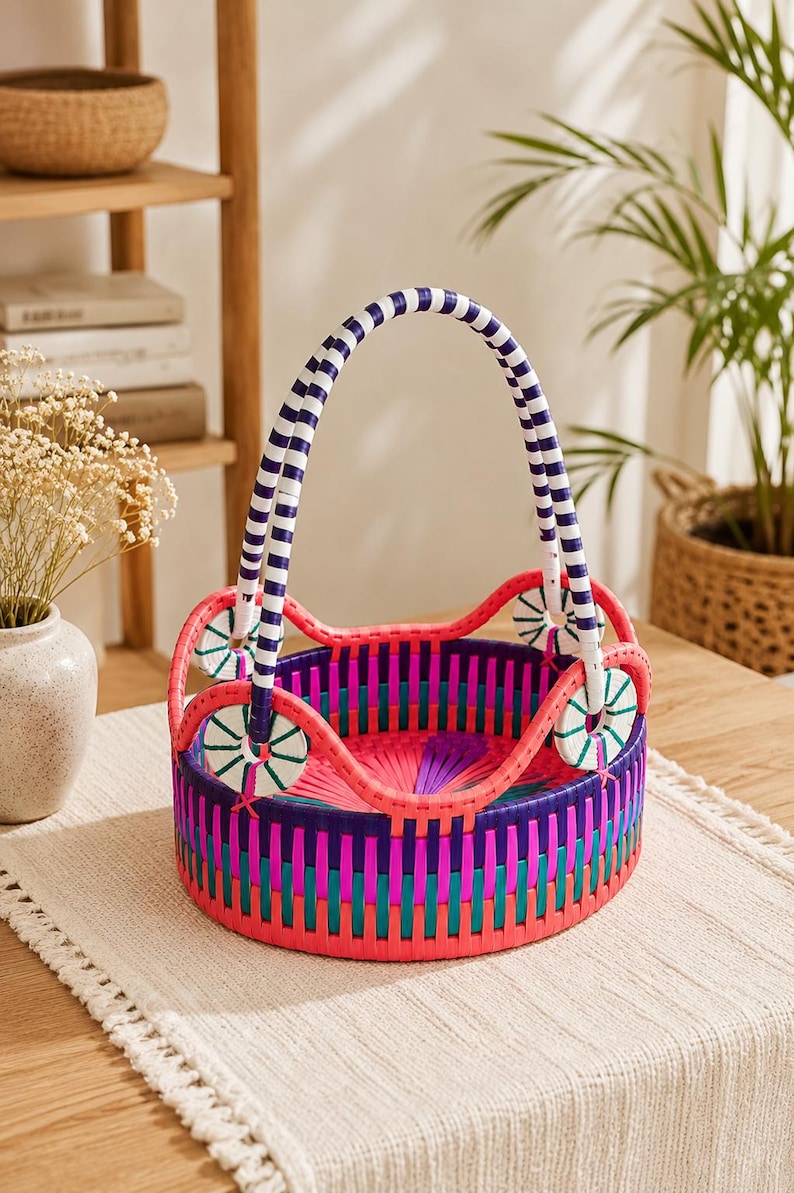 May include: A round woven basket featuring a vibrant multi-colored pattern of pink, purple, and teal vertical strips. It has a high, arched handle with blue and white stripes and four circular decorative accents where the handle meets the rim.