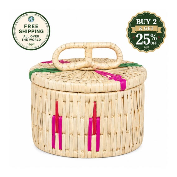 Handwoven Palm Leaf Jewelry Box | Boho Ring Organizer, Trinket Holder (India)