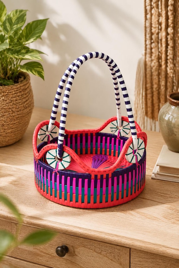 Handwoven Palmyra Palm Leaf Basket | Colorful Boho Storage Home Decor