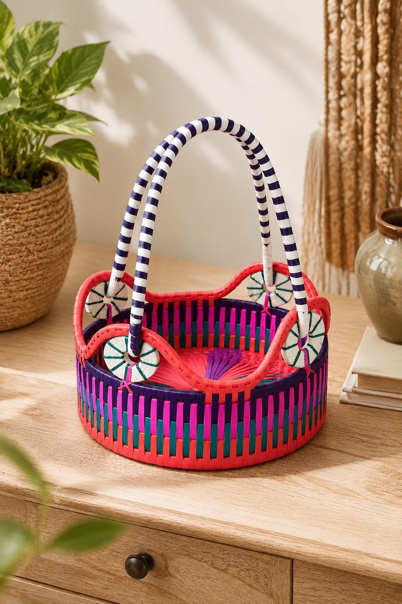 May include: A round woven basket featuring a vibrant color palette of hot pink, deep purple, and teal vertical strips. The basket includes a scalloped top edge and a tall, arched handle with a white and navy blue striped pattern.