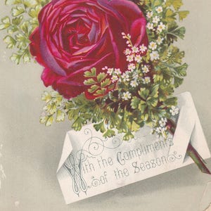 Set of 2-Antique Paper Ephemera Victorian Christmas Paper Diecut Card- Red and Yellow Rose, 1882