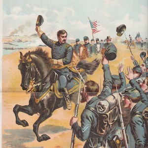 Antique Victorian Art Print-Book Plate-Lithograph Military Uniform History-Civil War- Union Army Gen McClellan at Antietam 1862