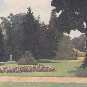 May include: A painting of a lush green garden with a path leading through it. The garden is filled with trees and bushes, and there are pink flowers blooming in the foreground.