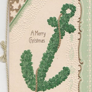 Antique Paper Ephemera Victorian Christmas Paper Diecut Card-Embossed 4 Leaf Clover & Anchor, 1800s