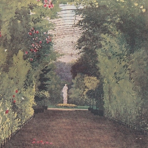 May include: A white statue of a woman standing in a garden with a trellis covered in green vines and pink flowers.