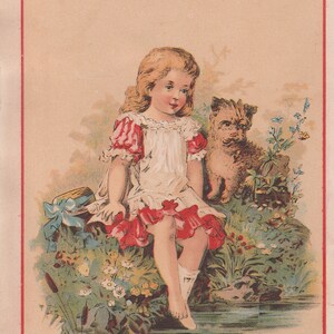 Cartão de comércio vitoriano antigo de papel efêmero - Union Pacific Tea Company, menina e cachorro vitoriano