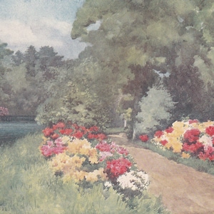 May include: A painting of a path leading through a lush garden with a pond in the background. The path is lined with vibrant red, pink, and yellow flowers. The trees in the background are green and lush.