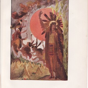 Antique Victorian Art Print-Book Plate-Lithograph-Fairies-Indian Chieftan Giving Thanks to Great Spirit-Artist Penny Ross-1914